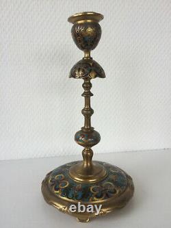 Golden Bronze Candlestick And Partitioned Enamels Signed F. Barbedienne Era Xixth