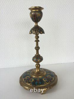 Golden Bronze Candlestick And Partitioned Enamels Signed F. Barbedienne Era Xixth