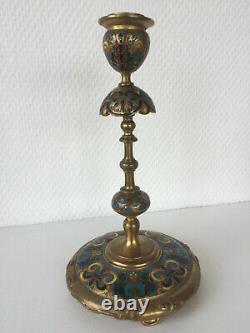 Golden Bronze Candlestick And Partitioned Enamels Signed F. Barbedienne Era Xixth