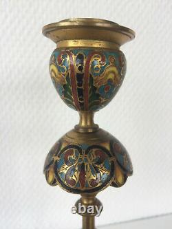 Golden Bronze Candlestick And Partitioned Enamels Signed F. Barbedienne Era Xixth