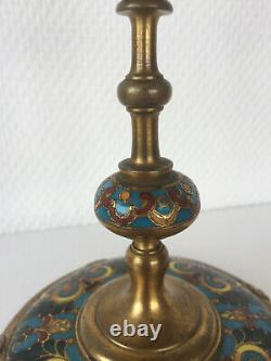 Golden Bronze Candlestick And Partitioned Enamels Signed F. Barbedienne Era Xixth