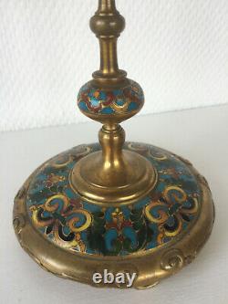 Golden Bronze Candlestick And Partitioned Enamels Signed F. Barbedienne Era Xixth