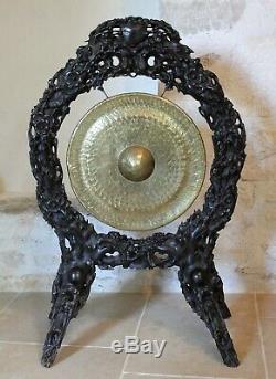 Gong Indochinese Carved Wood And Brass Era Nineteenth Century