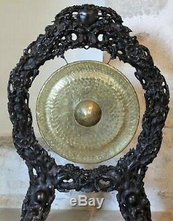 Gong Indochinese Carved Wood And Brass Era Nineteenth Century