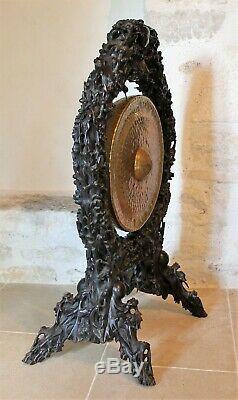 Gong Indochinese Carved Wood And Brass Era Nineteenth Century