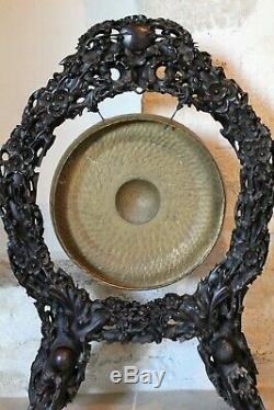 Gong Indochinese Carved Wood And Brass Era Nineteenth Century