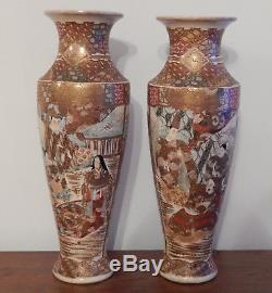 Grand Pair Vases Ceramic Japanese Satsuma Meiji Era XIX Signed