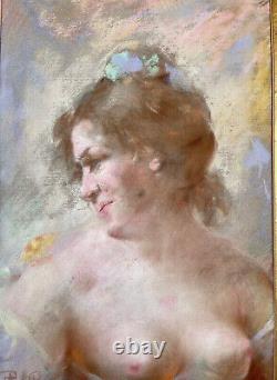 Grand Pastel Curiosa Young Woman Naked In The Butterfly Signed Late Xixth Belle Époque