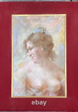 Grand Pastel Curiosa Young Woman Naked In The Butterfly Signed Late Xixth Belle Époque