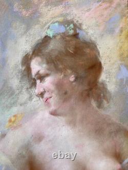 Grand Pastel Curiosa Young Woman Naked In The Butterfly Signed Late Xixth Belle Époque