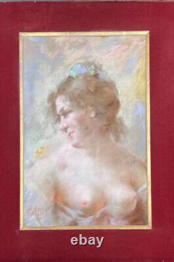 Grand Pastel Curiosa Young Woman Naked In The Butterfly Signed Late Xixth Belle Époque