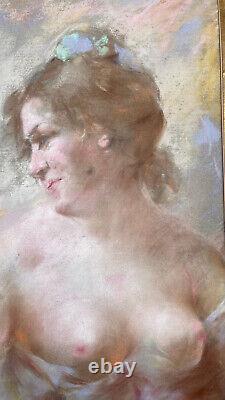 Grand Pastel Curiosa Young Woman Naked In The Butterfly Signed Late Xixth Belle Époque