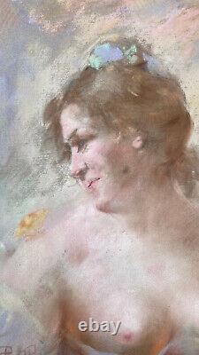 Grand Pastel Curiosa Young Woman Naked In The Butterfly Signed Late Xixth Belle Époque