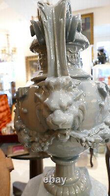 Grand Vase Aux Lions And His Column Earth Cuite Vernisse Era Xixth
