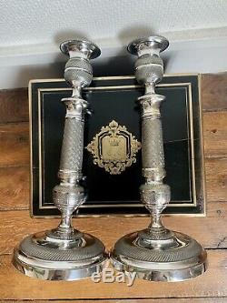 Great Pair Of Candlesticks Empire Period XIX Eme Restoration Bronze Silver