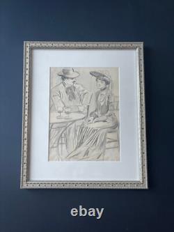 Great original drawing painting Belle Époque 1900 terrace Paris gallant scene