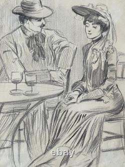 Great original drawing painting Belle Époque 1900 terrace Paris gallant scene