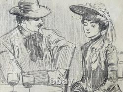 Great original drawing painting Belle Époque 1900 terrace Paris gallant scene