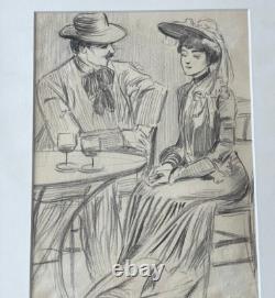 Great original drawing painting Belle Époque 1900 terrace Paris gallant scene