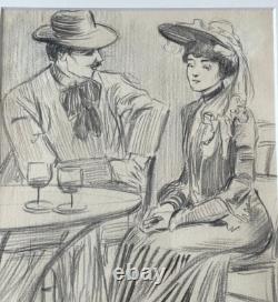 Great original drawing painting Belle Époque 1900 terrace Paris gallant scene