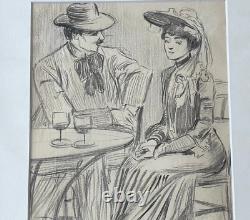 Great original drawing painting Belle Époque 1900 terrace Paris gallant scene