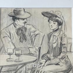 Great original drawing painting Belle Époque 1900 terrace Paris gallant scene