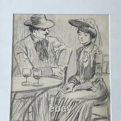 Great original drawing painting Belle Époque 1900 terrace Paris gallant scene
