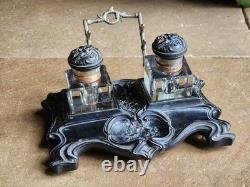 Gutta Percha Double Inkstand, late 19th century Art Nouveau 1900 period, and crystal, very good condition