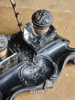 Gutta Percha Double Inkstand, late 19th century Art Nouveau 1900 period, and crystal, very good condition