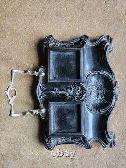 Gutta Percha Double Inkstand, late 19th century Art Nouveau 1900 period, and crystal, very good condition