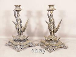 Hebe and the Eagle of Jupiter, Pair of Silver-Plated Bronze Candleholders, 19th Century