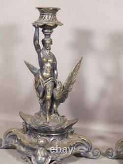 Hebe and the Eagle of Jupiter, Pair of Silver-Plated Bronze Candleholders, 19th Century