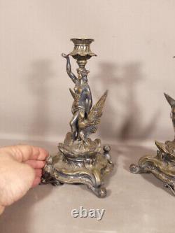 Hebe and the Eagle of Jupiter, Pair of Silver-Plated Bronze Candleholders, 19th Century