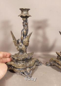 Hebe and the Eagle of Jupiter, Pair of Silver-Plated Bronze Candleholders, 19th Century