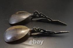 Horn salad servers, 19th century, bird decoration, good condition