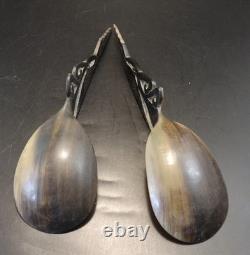 Horn salad servers, 19th century, bird decoration, good condition