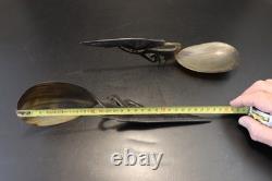 Horn salad servers, 19th century, bird decoration, good condition