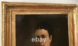 Hst Oil On Canvas Portrait Of Woman With Jewels Frame Gilded Wood 19th Century