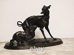 JOLIE Bronze animal figure of a greyhound and Pekingese by P. J. Mène from the 19th century