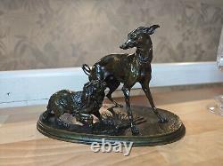 JOLIE Bronze animal figure of a greyhound and Pekingese by P. J. Mène from the 19th century