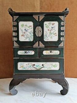 Japanese Cabinet, Lacquered Wood And Porcelain Emaillea, Epoque End 19th