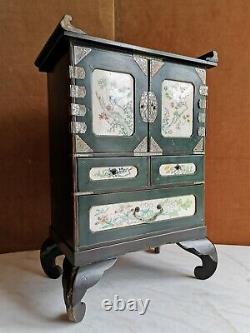 Japanese Cabinet, Lacquered Wood And Porcelain Emaillea, Epoque End 19th