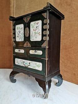 Japanese Cabinet, Lacquered Wood And Porcelain Emaillea, Epoque End 19th