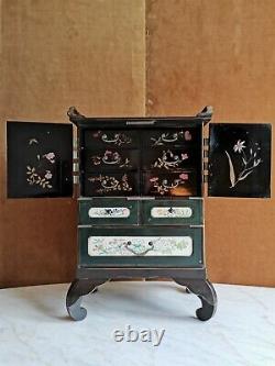 Japanese Cabinet, Lacquered Wood And Porcelain Emaillea, Epoque End 19th