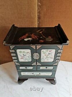 Japanese Cabinet, Lacquered Wood And Porcelain Emaillea, Epoque End 19th