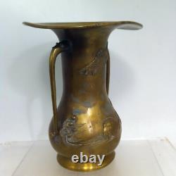 Japanese bronze baluster vase with heron and tortoise decoration, Meiji period, late 19th century