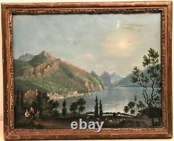 Landscape Gouache Painting At 19th Century Lake