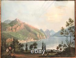 Landscape Gouache Painting At 19th Century Lake