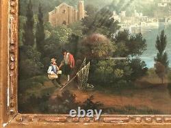 Landscape Gouache Painting At 19th Century Lake