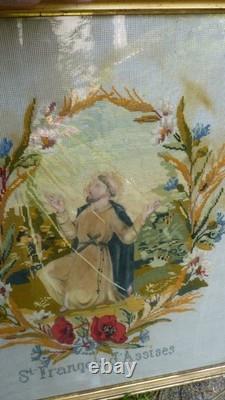 Large 19th-century embroidery of Saint Francis of Assisi in felt, period frame, 55 x 64.5